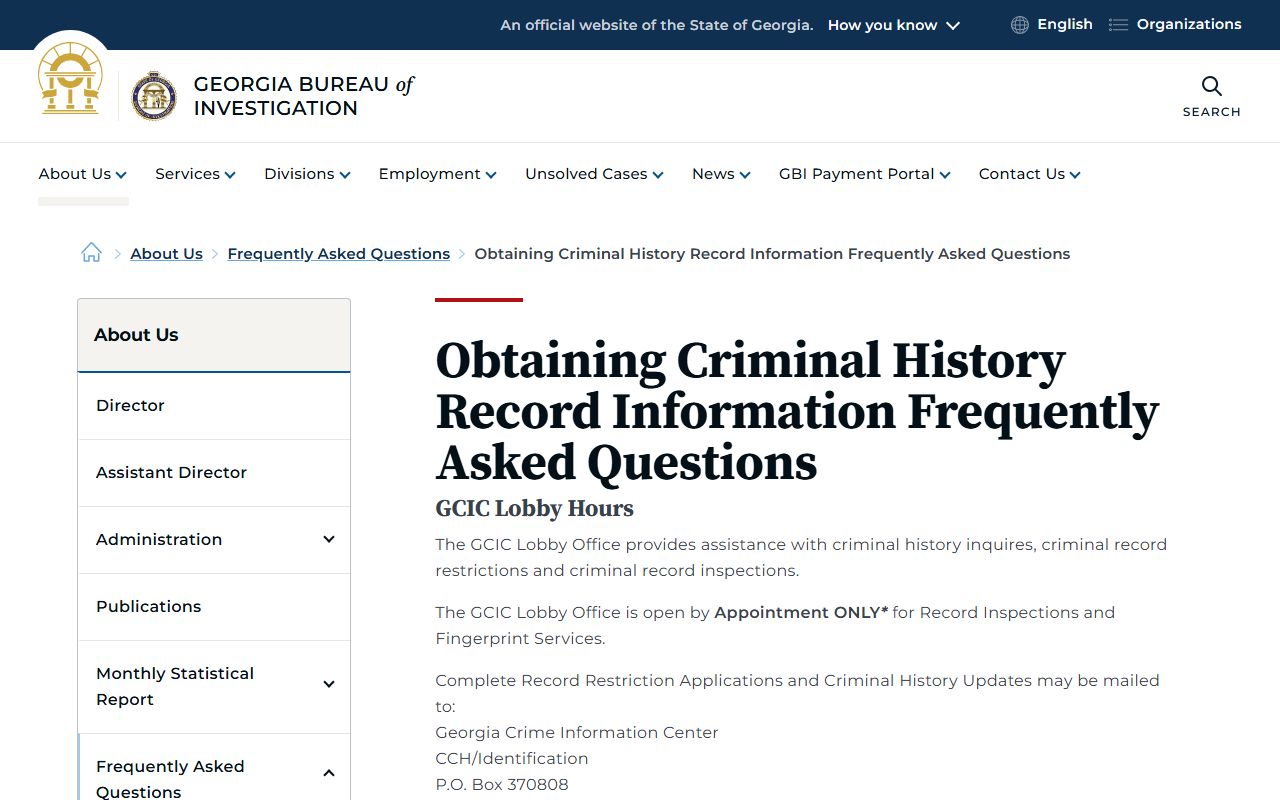 GBI criminal history FAQ page for Georgia background check questions