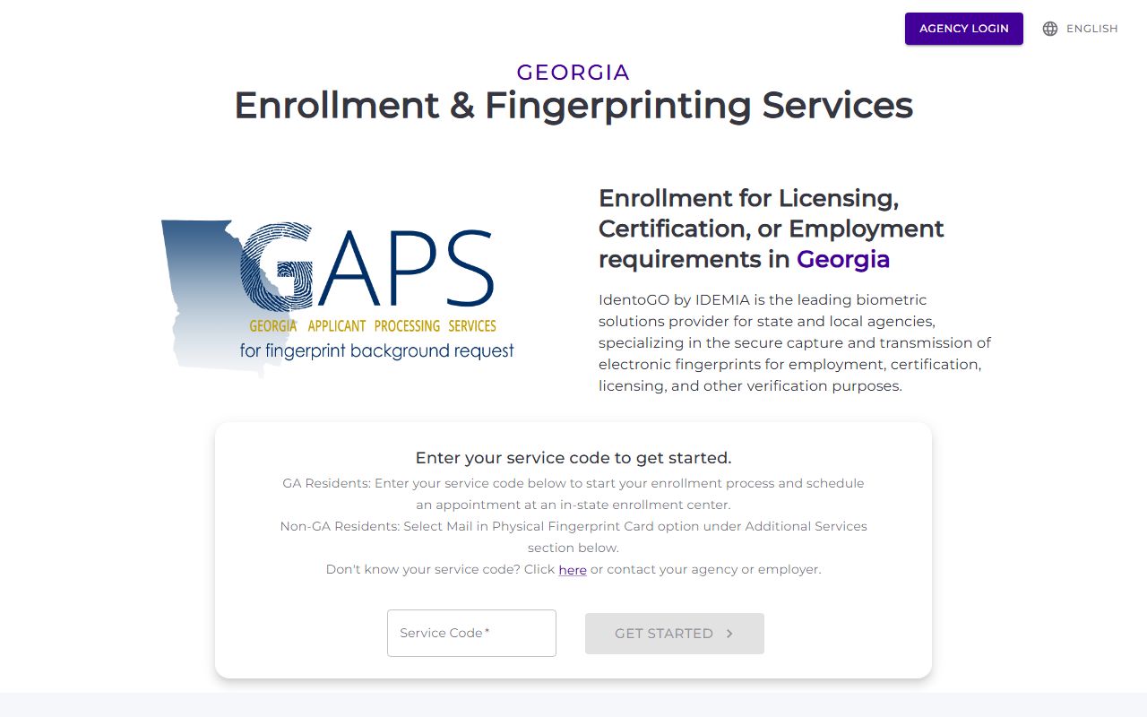 GAPS IdentoGO enrollment portal for Georgia background check fingerprinting