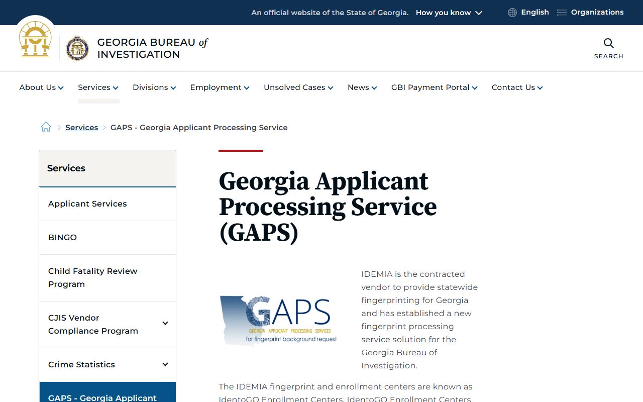 GAPS information page for fingerprint background checks in Georgia