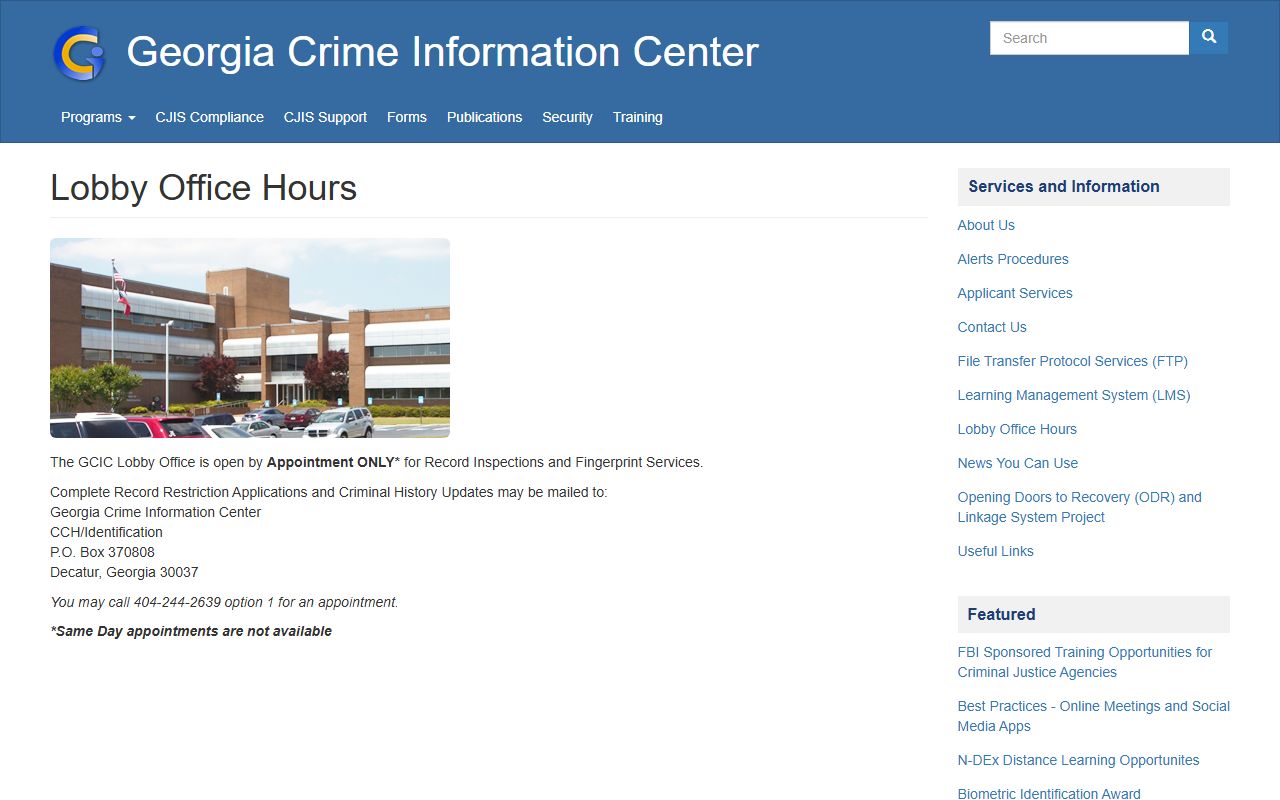 GCIC lobby office hours for background check appointments in Georgia