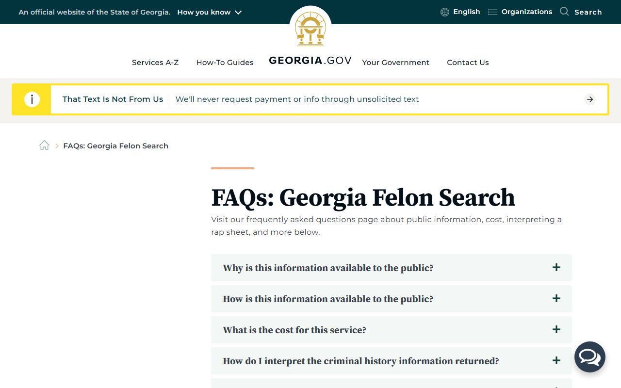 Georgia Felon Search FAQ page for background check questions