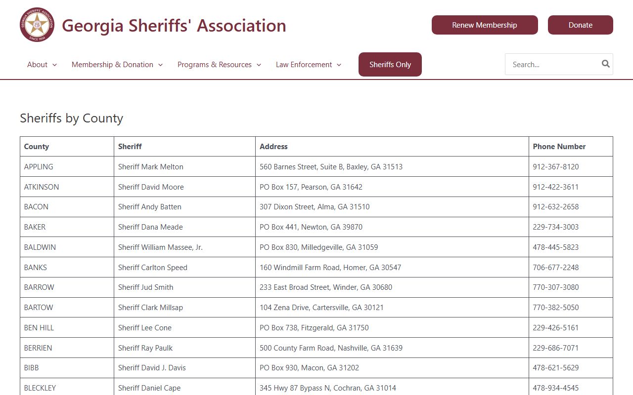 Georgia Sheriffs Association directory for county background check offices